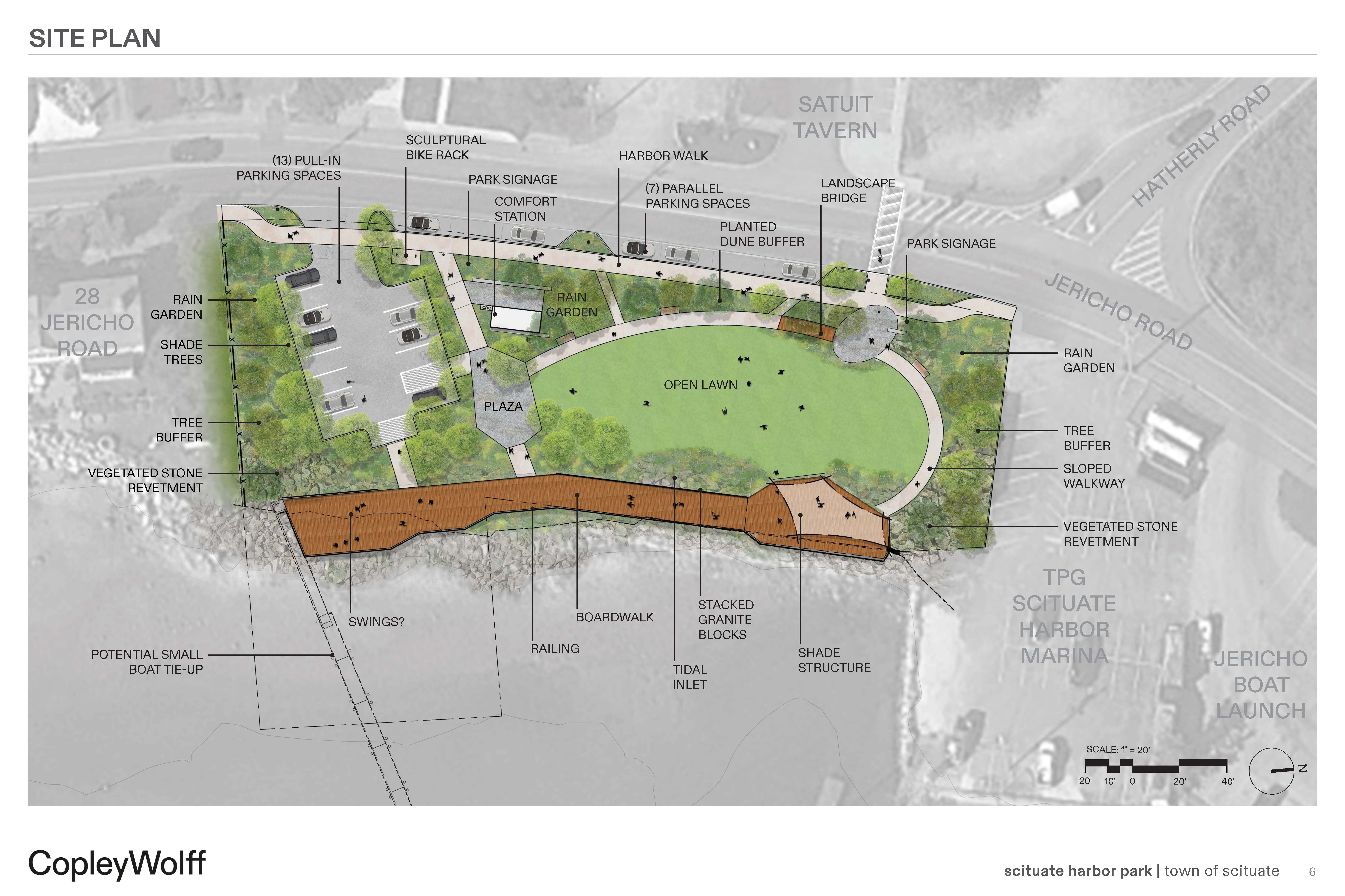 Proposed sketch of site with boardwalk, parking lot, and landscape