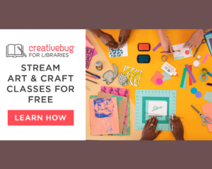 Advertisement for creativebug with hands and art supplies
