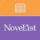 purple and orange NoveList logo text with vector art book