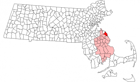 Locus map of MA highlightin Scituate in red - other areas in pink