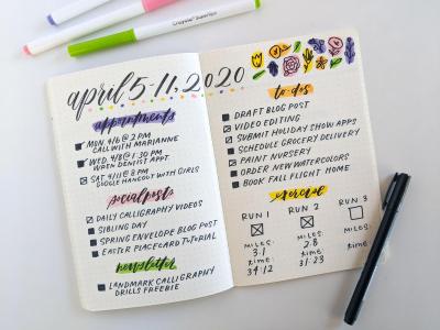 sample weekly bullet journal spread with doodles and check lists
