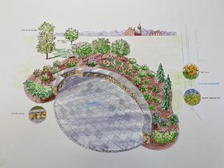An artist's rendering of the space. An oval shaped patio with seating wall is surrounded by a half-circle of trees and plants.