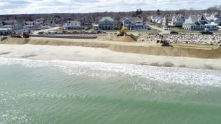 Aerial view of beach nourishment construction on North Scituate Beach.