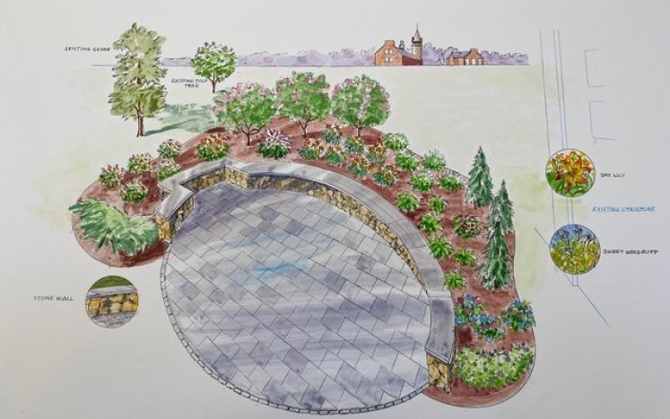An artist's rendering of the space. An oval shaped patio with seating wall is surrounded by a half-circle of trees and plants.